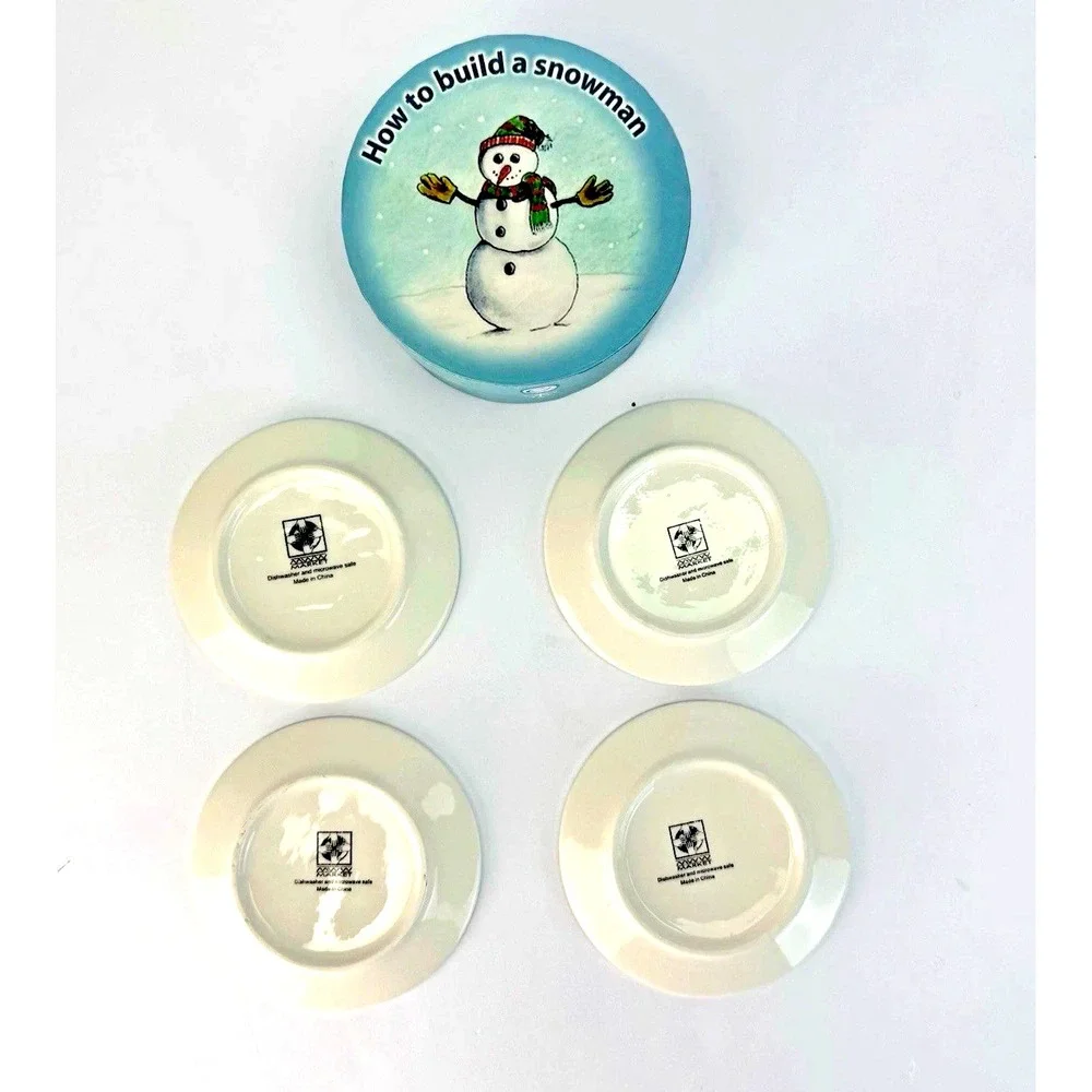 SNOWMAN How To Build CHRISTMAS WINTER Bread Dessert Appetizer Plates‎ Dishes Set